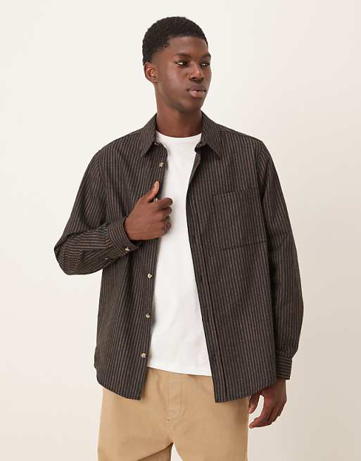 DESIGN relaxed shirt with pocket in navy and brown stripe