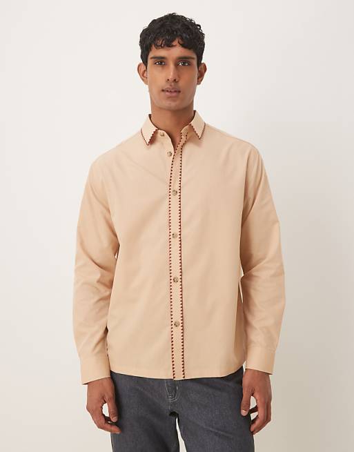 DESIGN relaxed shirt with stitch detail in beige