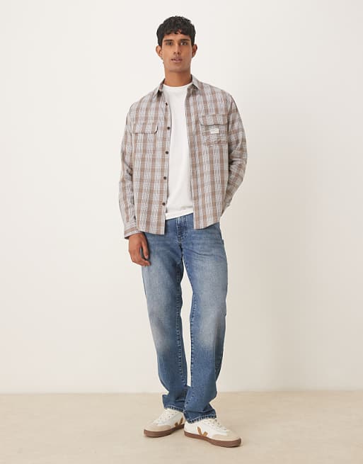 DESIGN Relaxed Shirt With Workwear Badge Detail In Brown Check
