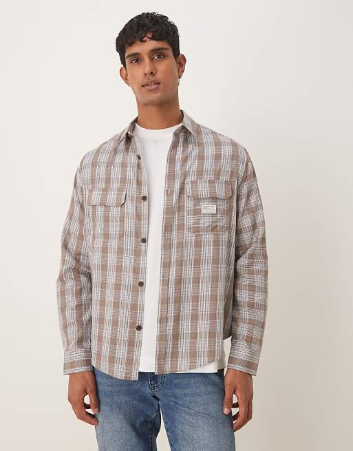 DESIGN relaxed shirt with workwear badge detail in brown check