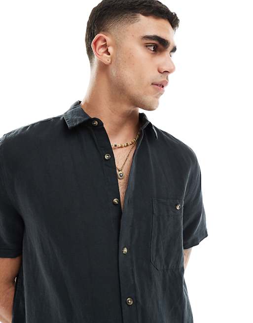 DESIGN Relaxed Short Sleeve Shirt In Linen Mix In Black