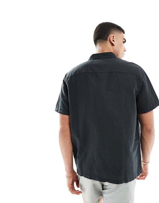 DESIGN Relaxed Short Sleeve Shirt In Linen Mix In Black