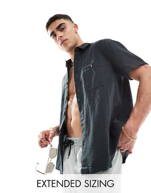 DESIGN relaxed short sleeve shirt in linen mix in black