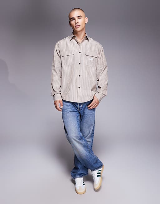 DESIGN Relaxed Stripe Shirt With Workwear Badge Detail In Brown Stripe