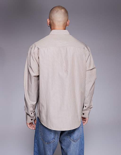 DESIGN Relaxed Stripe Shirt With Workwear Badge Detail In Brown Stripe