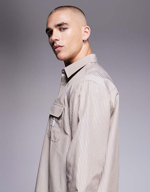 DESIGN Relaxed Stripe Shirt With Workwear Badge Detail In Brown Stripe