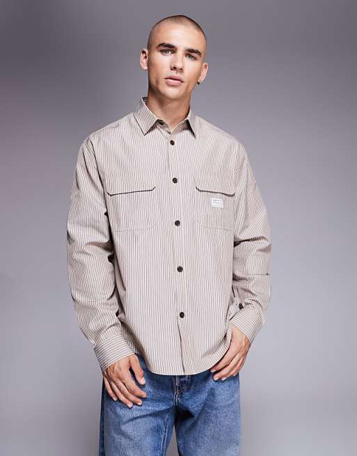 DESIGN relaxed stripe shirt with workwear badge detail in brown stripe