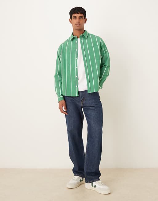 DESIGN Relaxed Striped Shirt With Square Collar In Green