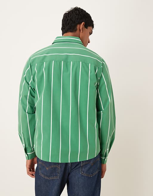 DESIGN Relaxed Striped Shirt With Square Collar In Green
