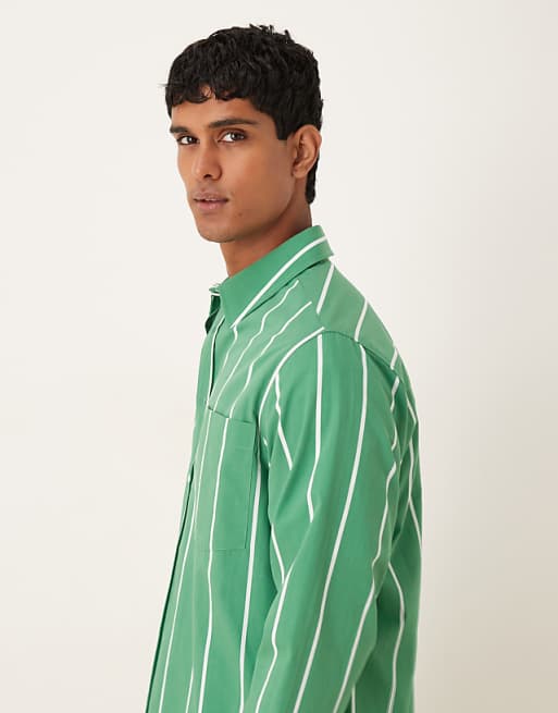 DESIGN Relaxed Striped Shirt With Square Collar In Green
