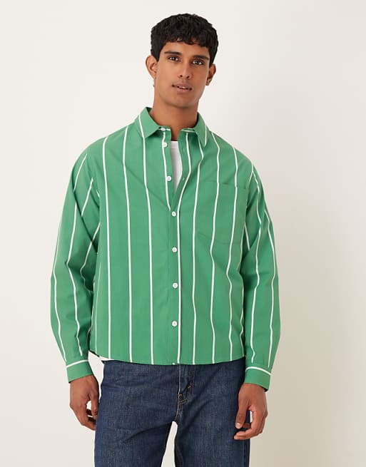 DESIGN relaxed striped shirt with square collar in green