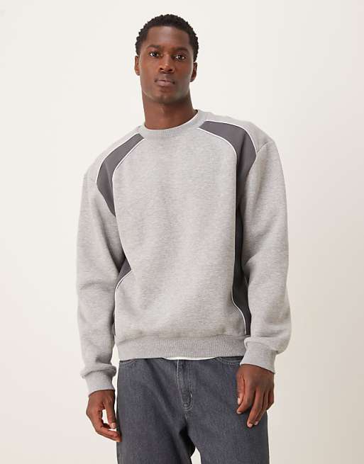DESIGN relaxed sweatshirt with contrast panels and piping in grey marl