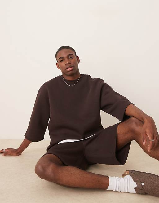 DESIGN relaxed sweatshirt with short sleeves in brown