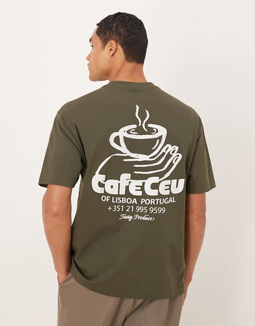 DESIGN relaxed t-shirt with coffee print in khaki