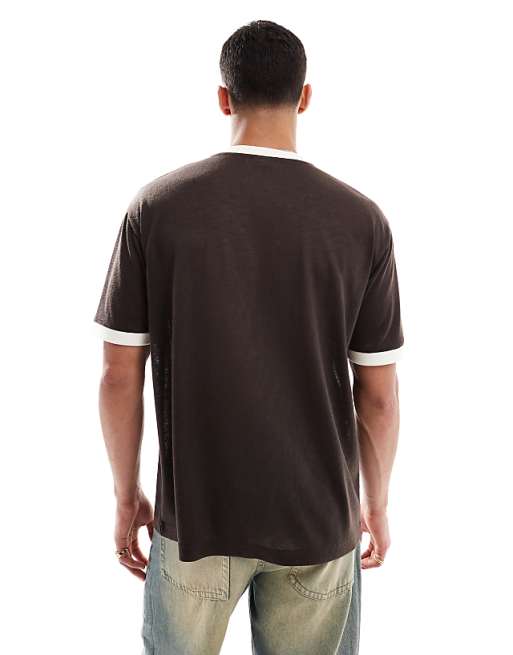 DESIGN Relaxed T-shirt With Contrast Details In Brown Linen Look