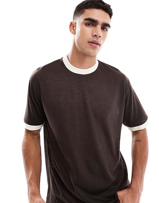 DESIGN Relaxed T-shirt With Contrast Details In Brown Linen Look