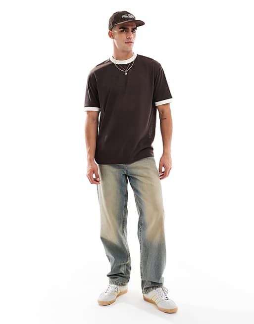 DESIGN Relaxed T-shirt With Contrast Details In Brown Linen Look