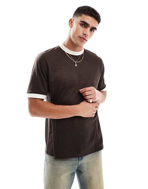 DESIGN relaxed t-shirt with contrast details in brown linen look