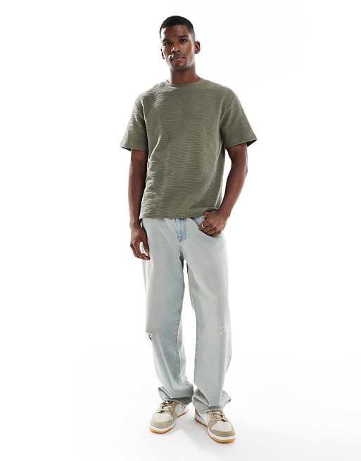 DESIGN Relaxed T-shirt With Split Hem In Khaki Boucle