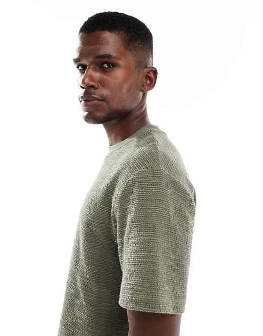 DESIGN Relaxed T-shirt With Split Hem In Khaki Boucle
