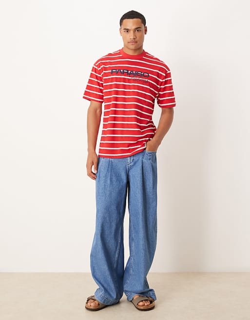 DESIGN Relaxed T-shirt With Sports Graphic In Red And White Stripe