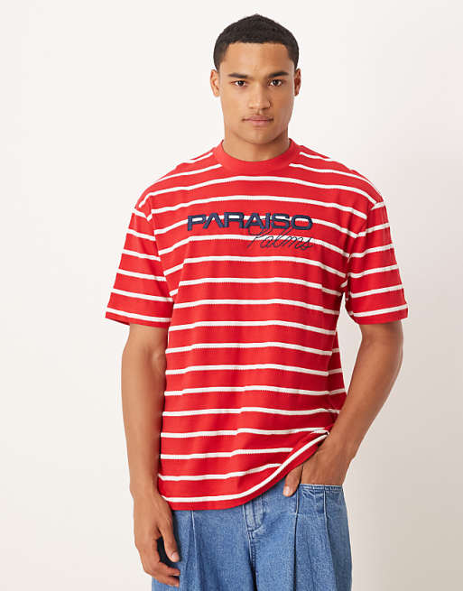 DESIGN relaxed t-shirt with sports graphic in red and white stripe