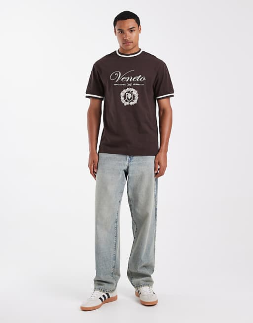 DESIGN Relaxed T-shirt With Tipping Detail And Embroidered Graphic In Brown