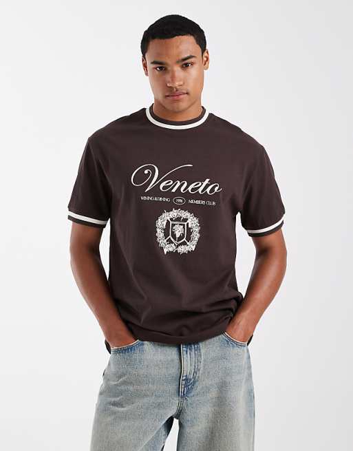 DESIGN relaxed t-shirt with tipping detail and embroidered graphic in brown