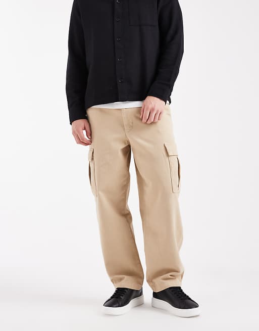 DESIGN relaxed tapered cargo trousers in beige