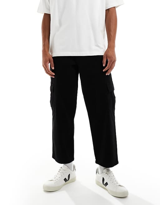 DESIGN Relaxed Tapered Cargo Trousers In Black With Pleats