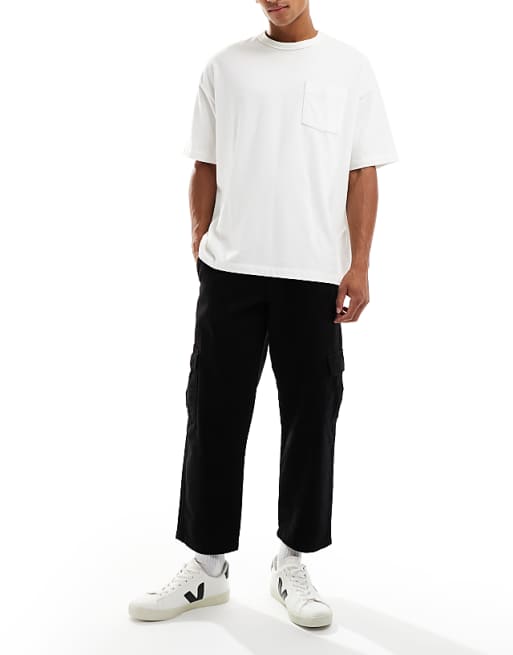 DESIGN Relaxed Tapered Cargo Trousers In Black With Pleats