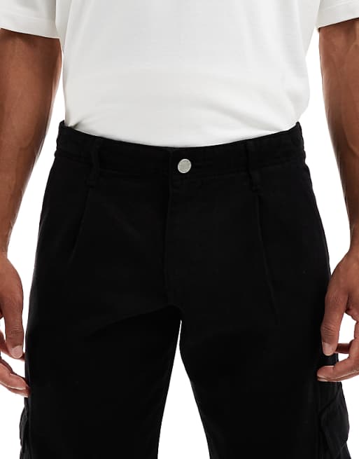 DESIGN Relaxed Tapered Cargo Trousers In Black With Pleats