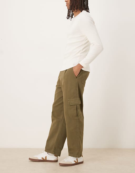 DESIGN Relaxed Tapered Cargo Trousers In Khaki With Pleats