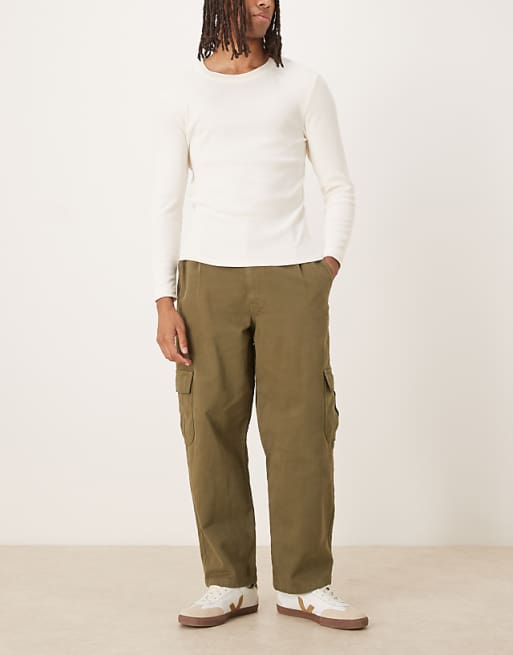 DESIGN relaxed tapered cargo trousers in khaki with pleats