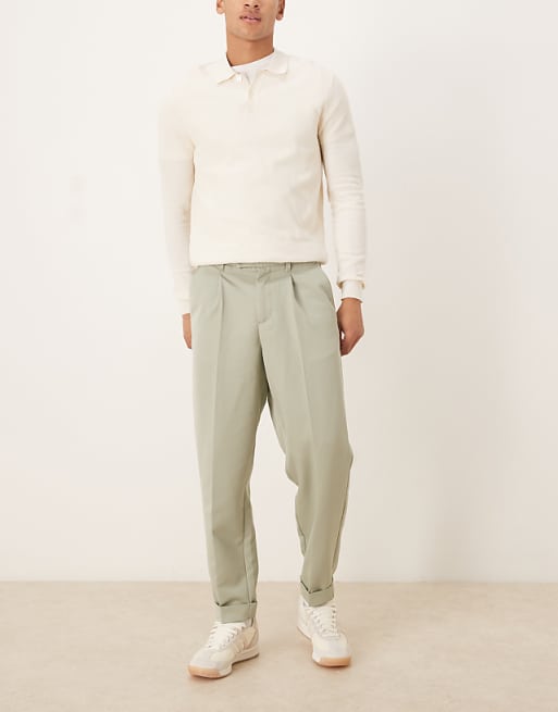 DESIGN Relaxed Tapered Fit Smart Trousers With Turnup In Sage Green