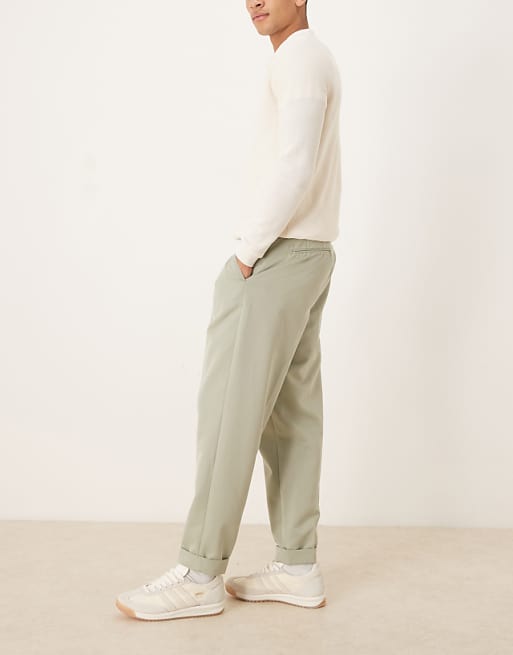 DESIGN Relaxed Tapered Fit Smart Trousers With Turnup In Sage Green