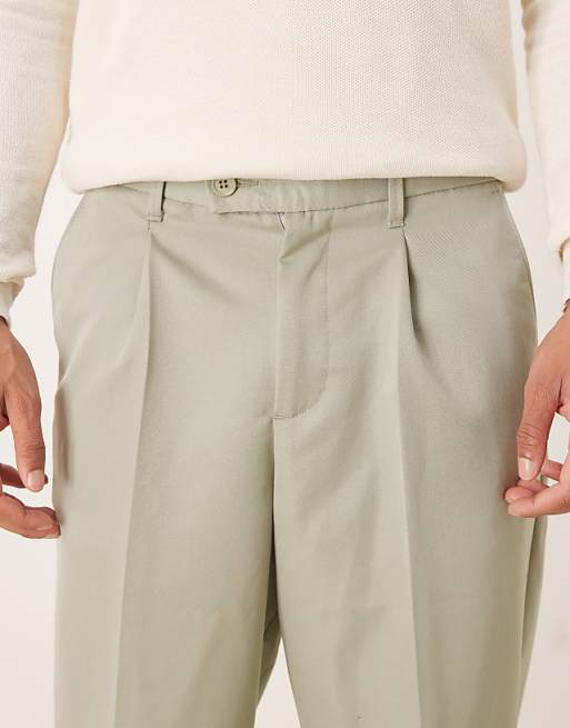 DESIGN Relaxed Tapered Fit Smart Trousers With Turnup In Sage Green