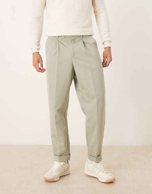 DESIGN relaxed tapered fit smart trousers with turnup in sage green