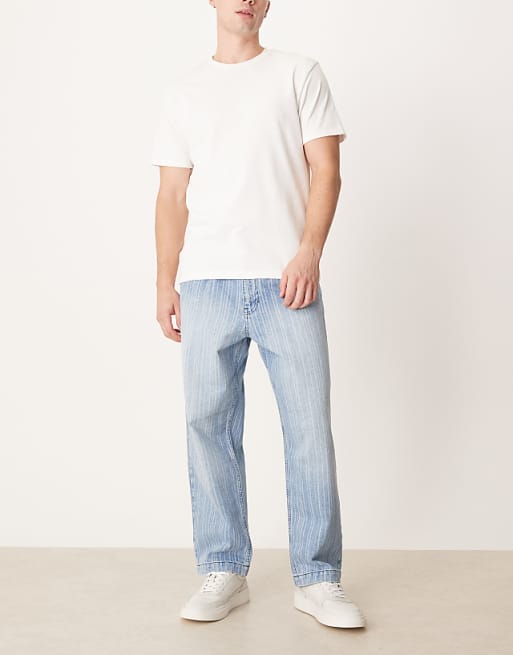 DESIGN Relaxed Tapered Jeans In Light Wash Blue With Stripe Print