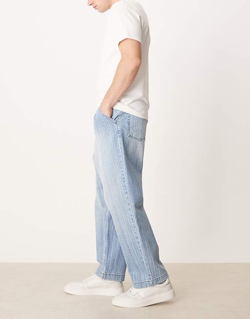 DESIGN relaxed tapered jeans in light wash blue with stripe print