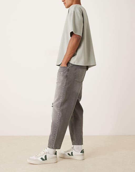 DESIGN Relaxed Tapered Jeans In Washed Black With Rips