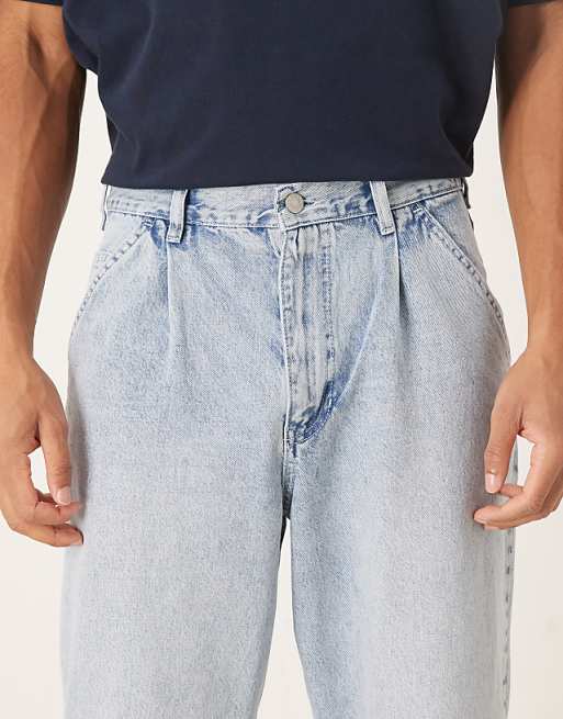 DESIGN Relaxed Tapered Pleated Jeans In Bleach Wash Denim