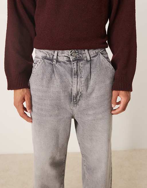 DESIGN Relaxed Tapered Pleated Jeans In Grey