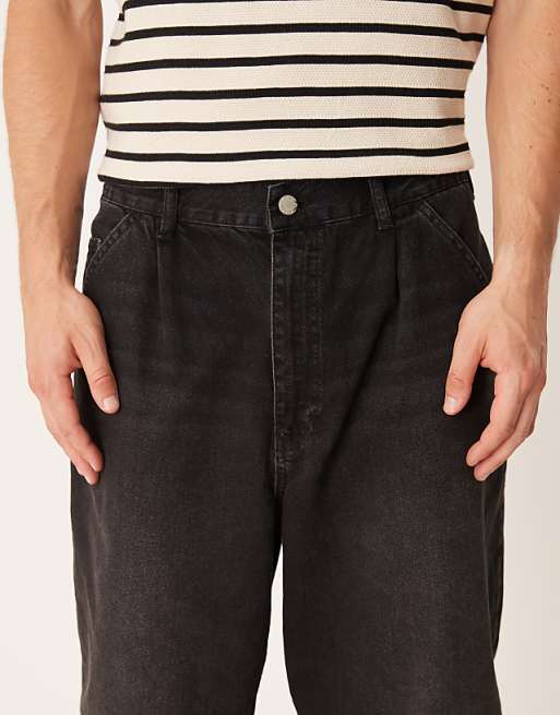 DESIGN Relaxed Tapered Pleated Jeans In Washed Black