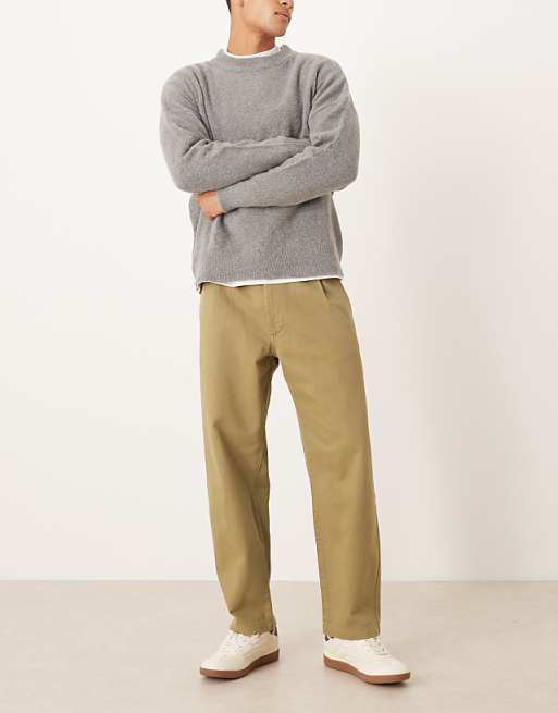 DESIGN Relaxed Tapered Trousers In Khaki With Rolled Hem