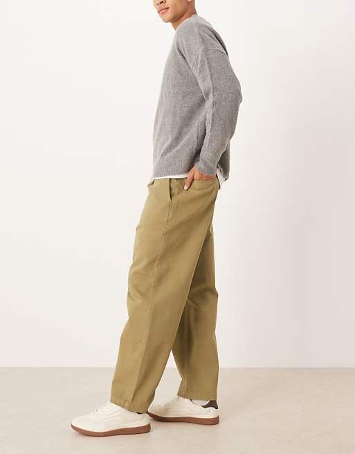 DESIGN Relaxed Tapered Trousers In Khaki With Rolled Hem