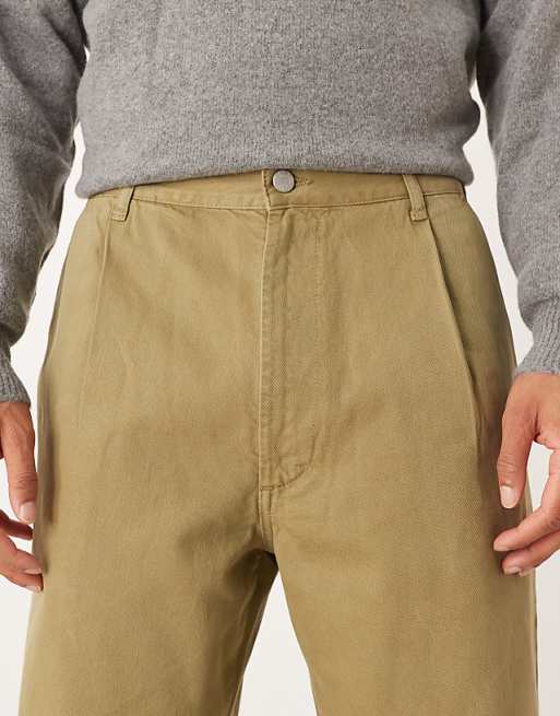 DESIGN Relaxed Tapered Trousers In Khaki With Rolled Hem