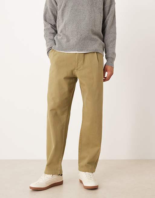 DESIGN relaxed tapered trousers in khaki with rolled hem