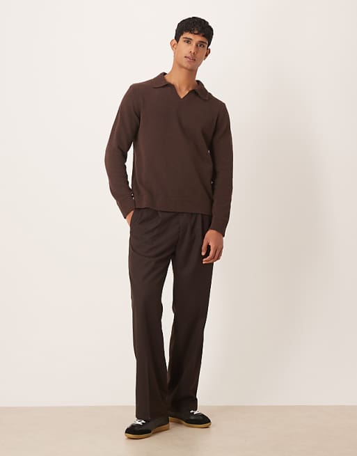 DESIGN Relaxed Textured Long Sleeve Knitted Notch Neck Polo In Brown
