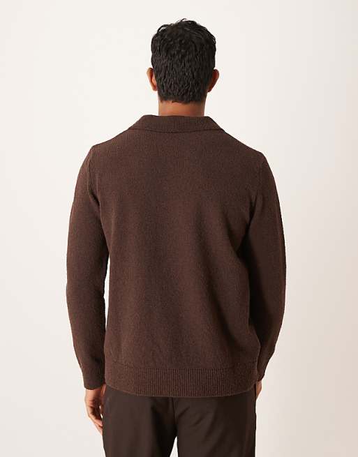 DESIGN Relaxed Textured Long Sleeve Knitted Notch Neck Polo In Brown